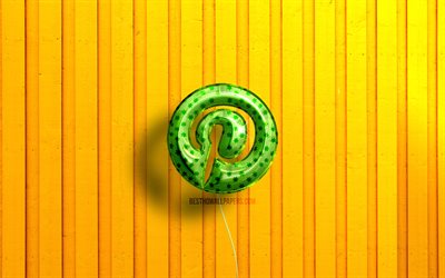 Pinterest 3D logosu, 4K, yeşil ger&#231;ek&#231;i balonlar, sarı ahşap arka planlar, sosyal ağlar, Pinterest logosu, Pinterest