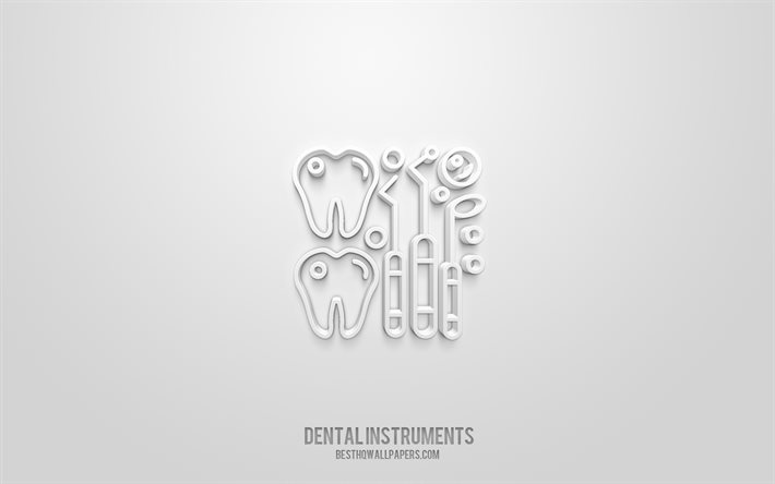 Icona 3d strumenti dentali, sfondo bianco, simboli 3d, strumenti dentali, icone odontoiatria, icone 3d, segno strumenti odontoiatrici, icone 3d odontoiatria