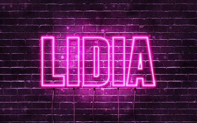 Lidia, 4k, fonds d&#39;&#233;cran avec noms, pr&#233;noms f&#233;minins, nom Lidia, n&#233;ons violets, joyeux anniversaire Lidia, pr&#233;noms f&#233;minins polonais populaires, photo avec nom Lidia