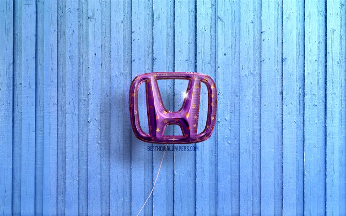 4k, ホンダ・ロゴ, 紫のリアルな風船, 車のブランド, ホンダ3Dロゴ, 青い木製の背景, ホンダ
