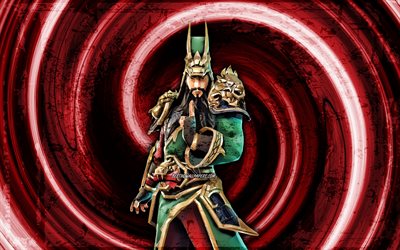 4k, Guan Yu, fundo vermelho grunge, Fortnite, v&#243;rtice, personagens Fortnite, Guan Yu Skin, Fortnite Battle Royale, Guan Yu Fortnite