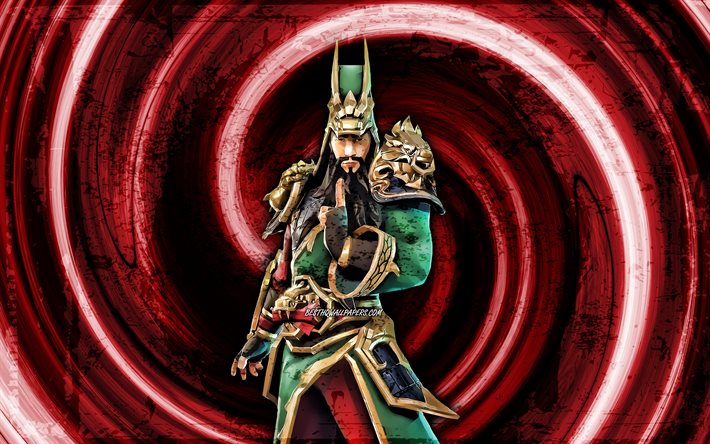 4k, Guan Yu, kırmızı grunge arka plan, Fortnite, vortex, Fortnite karakterleri, Guan Yu Skin, Fortnite Battle Royale, Guan Yu Fortnite
