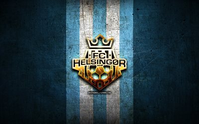 Helsingor FC, golden logo, Danish Superliga, blue metal background, football, danish football club, Helsingor logo, soccer, FC Helsingor