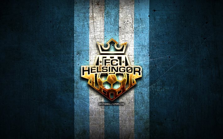 Helsingor FC, logotipo dourado, Superliga dinamarquesa, fundo de metal azul, futebol, clube de futebol dinamarqu&#234;s, logotipo do Helsingor, FC Helsingor