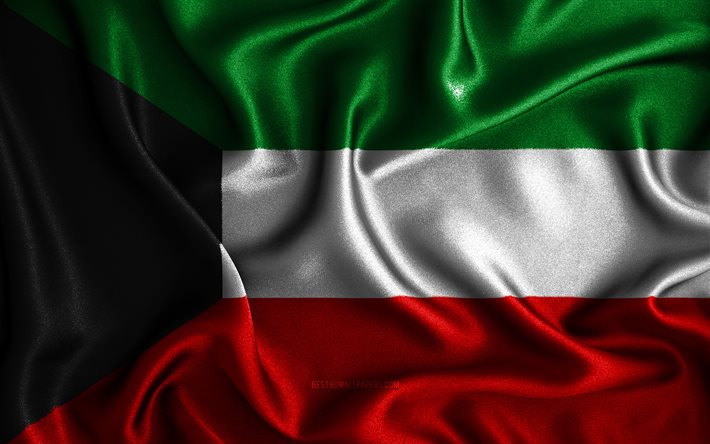 Kuveyt bayrağı, 4k, ipek dalgalı bayraklar, Asya &#252;lkeleri, ulusal semboller, Kuveyt Bayrağı, kumaş bayraklar, 3D sanat, Kuveyt, Asya, Kuveyt 3D bayrak