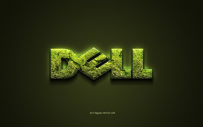 Logo Dell, texture carbone vert, logo cr&#233;atif vert Dell, embl&#232;me Dell, Dell, art floral cr&#233;atif