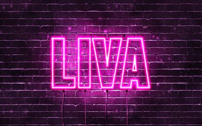 Liva, 4k, fonds d&#39;&#233;cran avec noms, noms f&#233;minins, nom Liva, n&#233;ons violets, joyeux anniversaire Liva, noms f&#233;minins danois populaires, photo avec le nom Liva