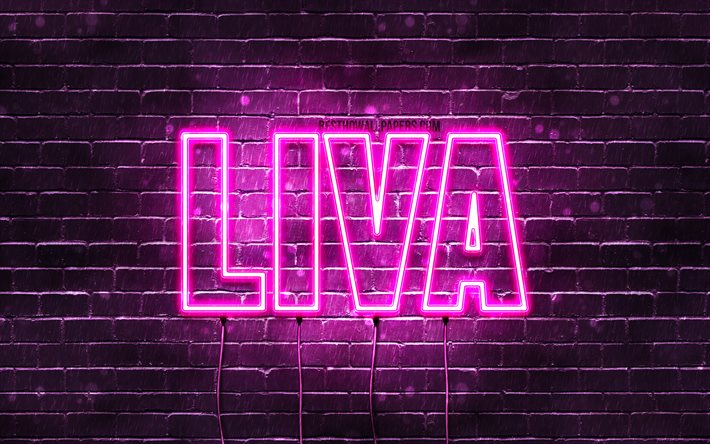Liva, 4k, fonds d&#39;&#233;cran avec noms, noms f&#233;minins, nom Liva, n&#233;ons violets, joyeux anniversaire Liva, noms f&#233;minins danois populaires, photo avec le nom Liva