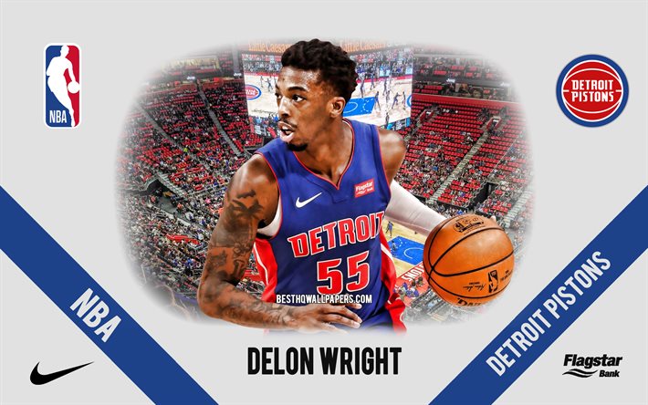Delon Wright, Detroit Pistons, American Basketball Player, NBA, retrato, EUA, basquete, Little Caesars Arena, logotipo do Detroit Pistons