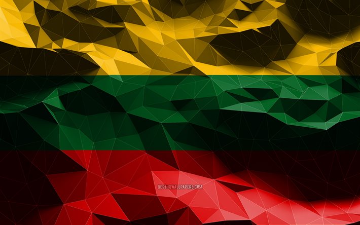 4k, drapeau lituanien, art low poly, pays europ&#233;ens, symboles nationaux, drapeau de la Lituanie, drapeaux 3D, Lituanie, Europe, drapeau 3D de la Lituanie