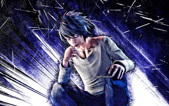 ダウンロード画像 4k Death Note グランジアート 日本の漫画 デスノートのキャラクター エル Lローライト 青いネオンライト 主人公 フリー のピクチャを無料デスクトップの壁紙