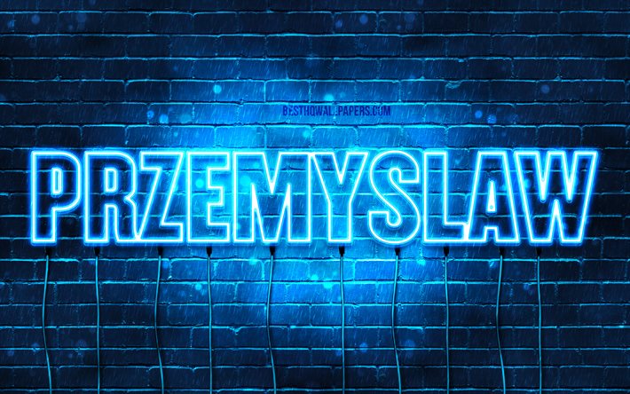 Przemyslaw, 4k, sfondi con nomi, nome Przemyslaw, luci al neon blu, buon compleanno Przemyslaw, nomi maschili polacchi popolari, immagine con nome Przemyslaw