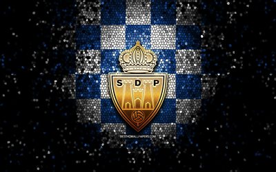 Ponferradina FC, parlak logo, La Liga 2, mavi beyaz damalı arka plan, Segunda, futbol, İspanyol futbol kul&#252;b&#252;, Ponferradina logosu, mozaik sanatı, LaLiga 2, SD Ponferradina