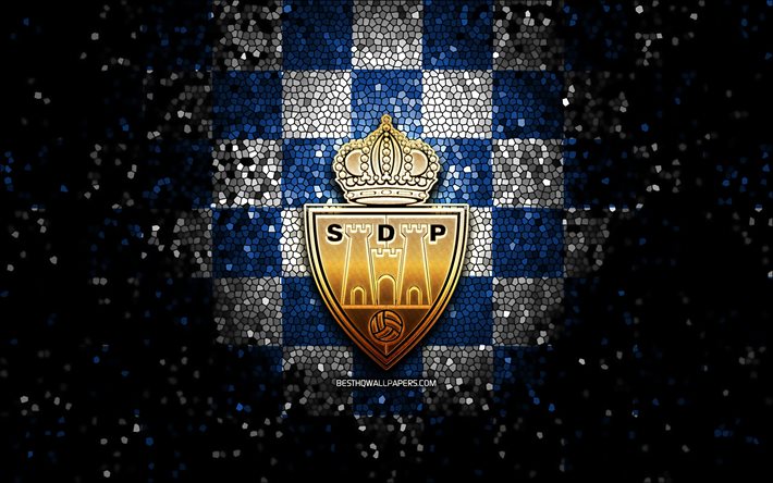 Ponferradina FC, logo de paillettes, La Liga 2, fond quadrill&#233; blanc bleu, Segunda, football, club de football espagnol, logo Ponferradina, art de la mosa&#239;que, LaLiga 2, SD Ponferradina