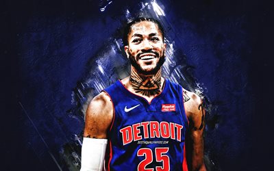 Derrick Rose, Detroit Pistons, NBA, American basketball player, blue stone background, USA, basketball