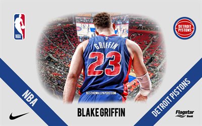 Blake Griffin, Detroit Pistons, amerikkalainen koripallopelaaja, Blake Griffin back, NBA, muotokuva, USA, koripallo, Little Caesars Arena, Detroit Pistons logo