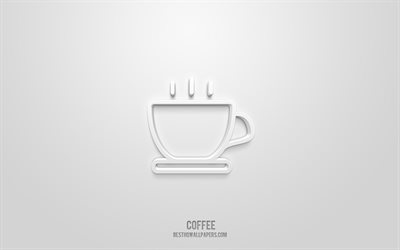Kaffe 3d-ikon, vit bakgrund, 3d-symboler, Kaffe, drycker ikoner, 3d ikoner, Kaffe tecken, dricker 3d ikoner