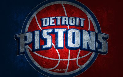 Detroit Pistons, &#233;quipe am&#233;ricaine de basket-ball, fond de pierre rouge bleu, ancien logo des Detroit Pistons, art grunge, NBA, basket-ball, USA, ancien embl&#232;me des Detroit Pistons