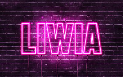 liwia, 4k, hintergrundbilder mit namen, weibliche namen, liwia-name, lila neonlichter, happy birthday liwia, beliebte polnische weibliche namen, bild mit liwia-namen
