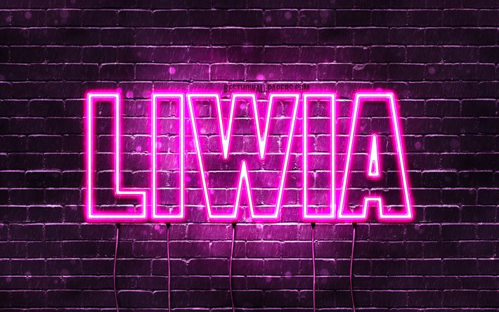 Liwia, 4k, pap&#233;is de parede com nomes, nomes femininos, nome Liwia, luzes de n&#233;on roxas, Feliz Anivers&#225;rio Liwia, nomes femininos poloneses populares, imagem com o nome Liwia