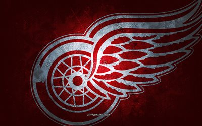Detroit Red Wings, &#233;quipe de hockey am&#233;ricaine, fond de pierre rouge, logo des Red Wings de Detroit, art grunge, LNH, hockey, USA, embl&#232;me des Red Wings de Detroit