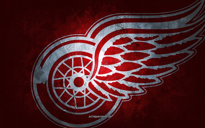 detroit red wings, amerikanische eishockeymannschaft, roter steinhintergrund, detroit red wings-logo, grunge-kunst, nhl, hockey, usa, detroit red wings-emblem