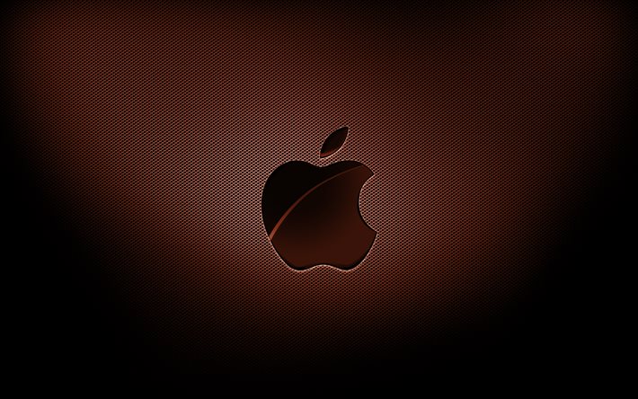 4k, Apple kahverengi logosu, kahverengi ızgara arka planları, markalar, Apple logosu, grunge sanatı, Apple