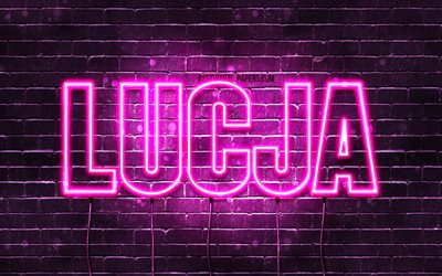Lucja, 4k, fonds d&#39;&#233;cran avec noms, noms f&#233;minins, nom Lucja, n&#233;ons violets, joyeux anniversaire Lucja, noms f&#233;minins polonais populaires, photo avec le nom Lucja