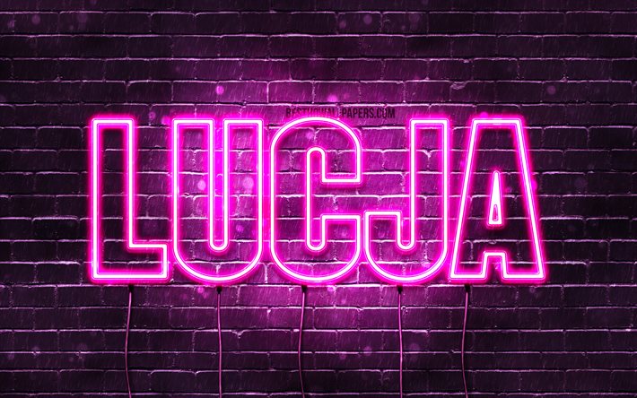 Lucja, 4k, pap&#233;is de parede com nomes, nomes femininos, nome Lucja, luzes de n&#233;on roxas, Happy Birthday Lucja, nomes femininos poloneses populares, foto com o nome Lucja
