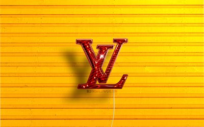 Louis Vuitton logo, 4K, red realistic balloons, fashion brands, Louis Vuitton 3D logo, yellow wooden backgrounds, Louis Vuitton