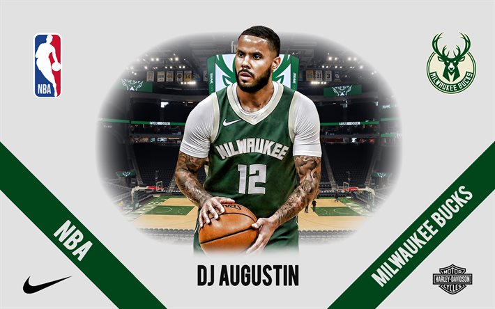 DJ Augustin, Milwaukee Bucks, jogador de basquete americano, NBA, retrato, EUA, basquete, Fiserv Forum, logotipo de Milwaukee Bucks