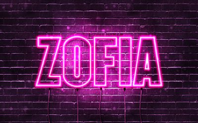 Zofia, 4k, pap&#233;is de parede com nomes, nomes femininos, nome Zofia, luzes de n&#233;on roxas, Feliz Anivers&#225;rio Zofia, nomes femininos poloneses populares, foto com o nome Zofia