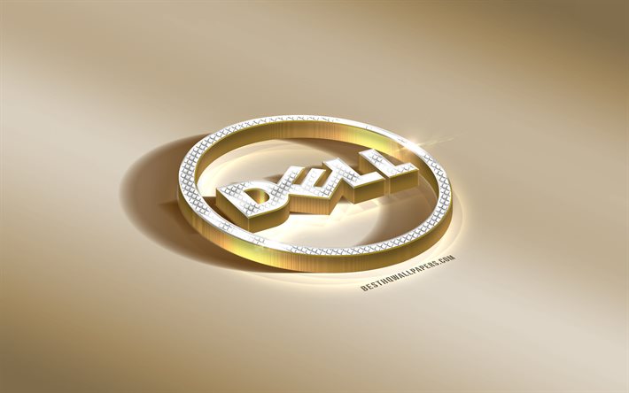 dell 3d-logo, goldener hintergrund, dell diamanten-logo, dell rundes logo, dell, kreative kunst, dell-emblem
