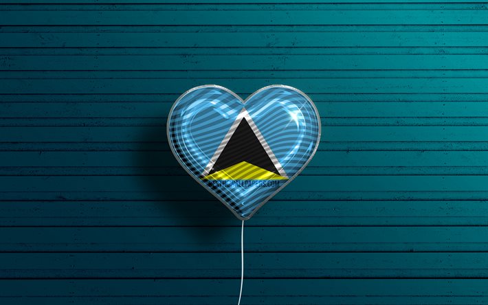 I Love Saint Lucia, 4k, realistic balloons, blue wooden background, North American countries, Saint Lucian flag heart, favorite countries, flag of Saint Lucia, balloon with flag, Saint Lucian flag, North America, Love Saint Lucia