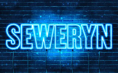 Seweryn, 4k, wallpapers with names, Seweryn name, blue neon lights, Happy Birthday Seweryn, popular polish male names, picture with Seweryn name