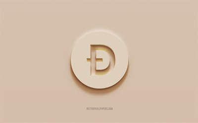 Logo Dogecoin, sfondo in gesso marrone, logo Dogecoin 3d, criptovaluta, emblema Dogecoin, arte 3d, Dogecoin