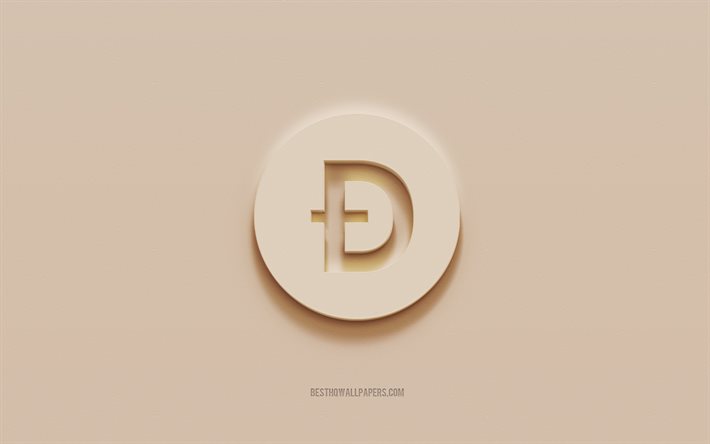 Dogecoin-logo, ruskea kipsitausta, Dogecoin 3d -logo, kryptovaluutta, Dogecoin-tunnus, 3d-taide, Dogecoin