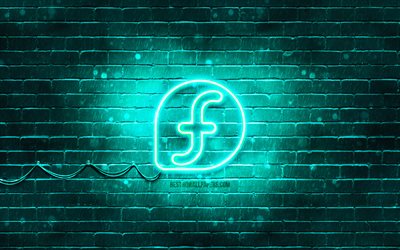 Logo turquoise Fedora, 4k, mur de briques turquoise, Linux, logo Fedora, OS, logo n&#233;on Fedora, Fedora