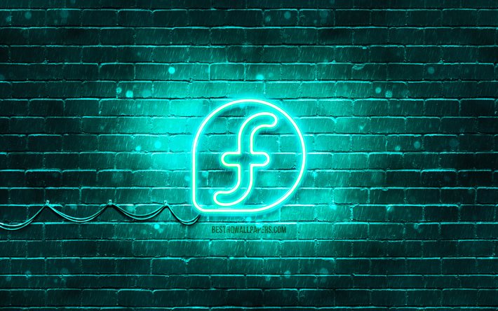 Fedora turquoise logo, 4k, turquoise brickwall, Linux, Fedora logo, OS, Fedora neon logo, Fedora