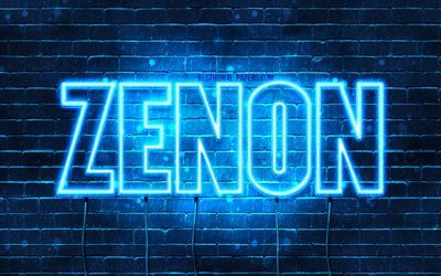 Zenon, 4k, bakgrundsbilder med namn, Zenon namn, bl&#229; neonljus, Grattis p&#229; f&#246;delsedagen Zenon, popul&#228;ra polska manliga namn, bild med Zenon namn
