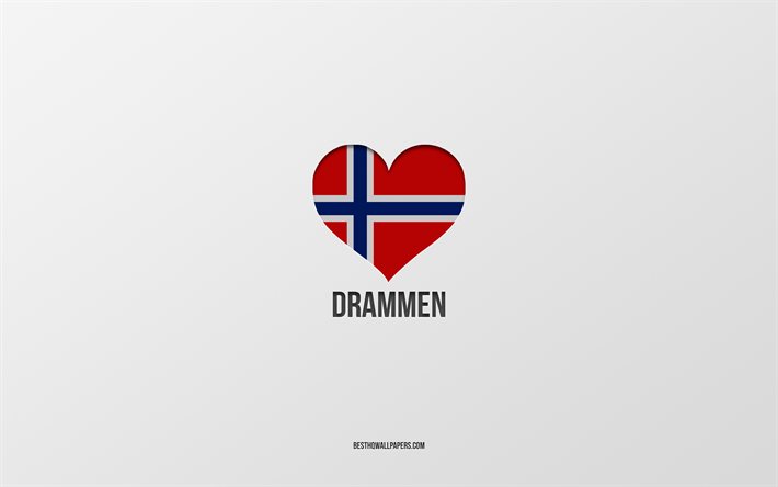 I Love Drammen, Norwegian cities, gray background, Drammen, Norway, Norwegian flag heart, favorite cities, Love Drammen
