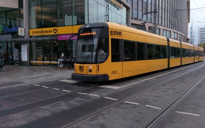 Dresden, yellow tram, public transport, trams, Dresden coat of arms, Saxony, Germany