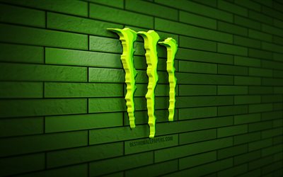Monster Energy 3D logosu, 4K, yeşil tuğla duvar, yaratıcı, markalar, Monster Energy logosu, 3D sanat, Monster Energy