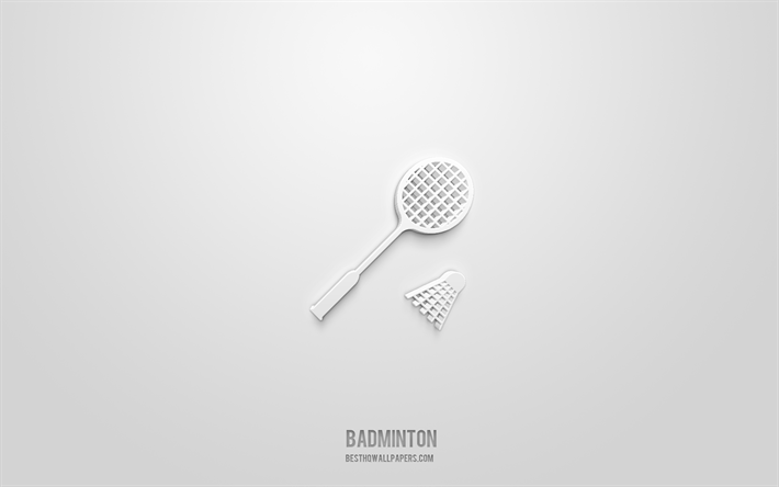badminton 3d-symbol, wei&#223;er hintergrund, 3d-symbole, badminton, sportsymbole, badminton-zeichen, sport-3d-symbole