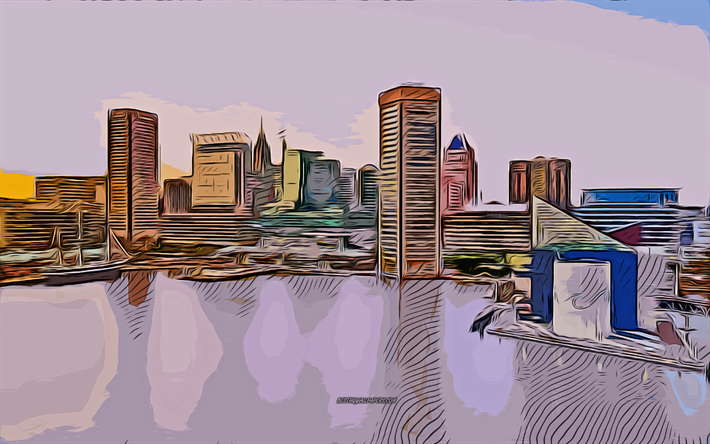 Baltimora, 4k, arte vettoriale, disegno di Baltimora, arte creativa, arte di Baltimora, disegno vettoriale, citt&#224; astratta, paesaggio urbano di Baltimora, Maryland, USA