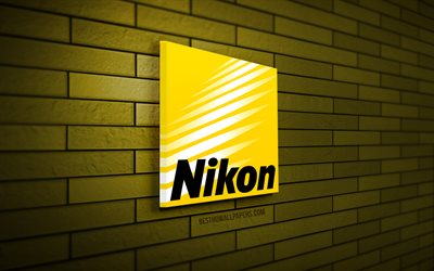 Nikon 3D logo, 4K, yellow brickwall, creative, brands, Nikon logo, 3D art, Nikon