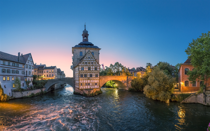 Bamberga, Altes Rathaus, sera, tramonto, fiume Regnitz, paesaggio urbano di Bamberga, Landmark Bamberg, Bayern, Germania