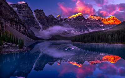 Moraine Lake, mountain lake, Banff National Park, sunset, mountain landscape, Valley of the Ten Peaks, mountains, Canadian Rockies, Alberta, Canada