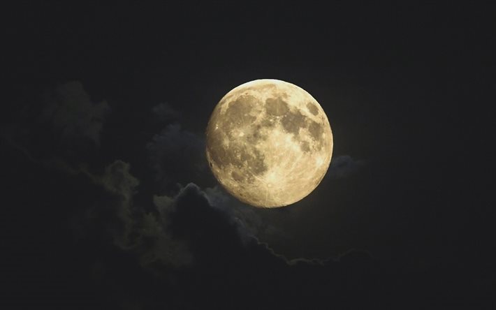 Moon, night, earth satellite, full moon, clouds