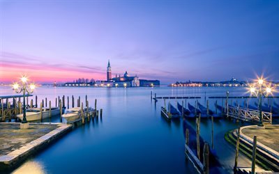 San Giorgio Maggiore, pier, gondolas, Venice, Italy
